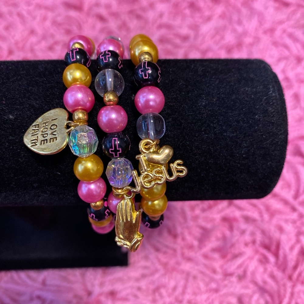 Pink Black and Gold Praying Hands Charm Bracelets